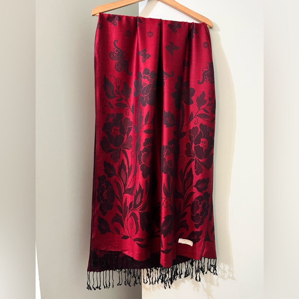 100% Pashmina wool dark red and black floral wrap or scarf